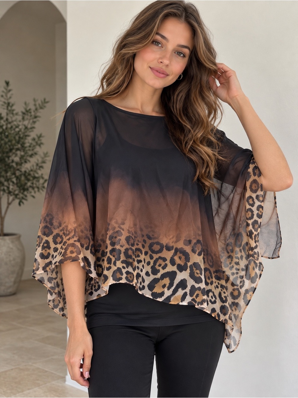 ADOR NWT Sheer Leopard Print Ombré Layered Blouse Top Size S